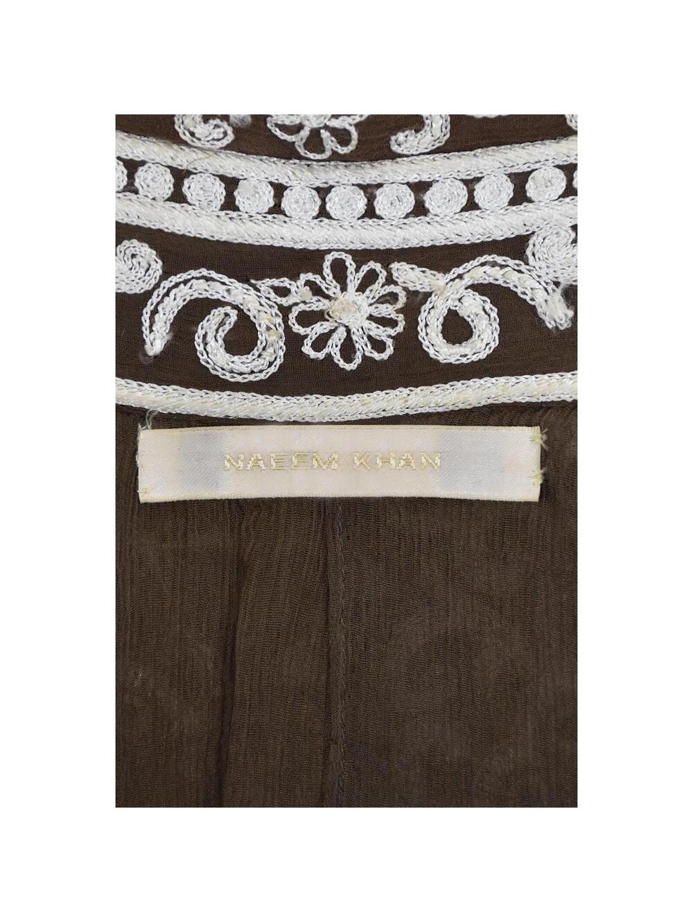 NAEEM KHAN Vintage Brown Silk Mini Dress w/White Embroidery SZ 4 - Picture 8 of 9